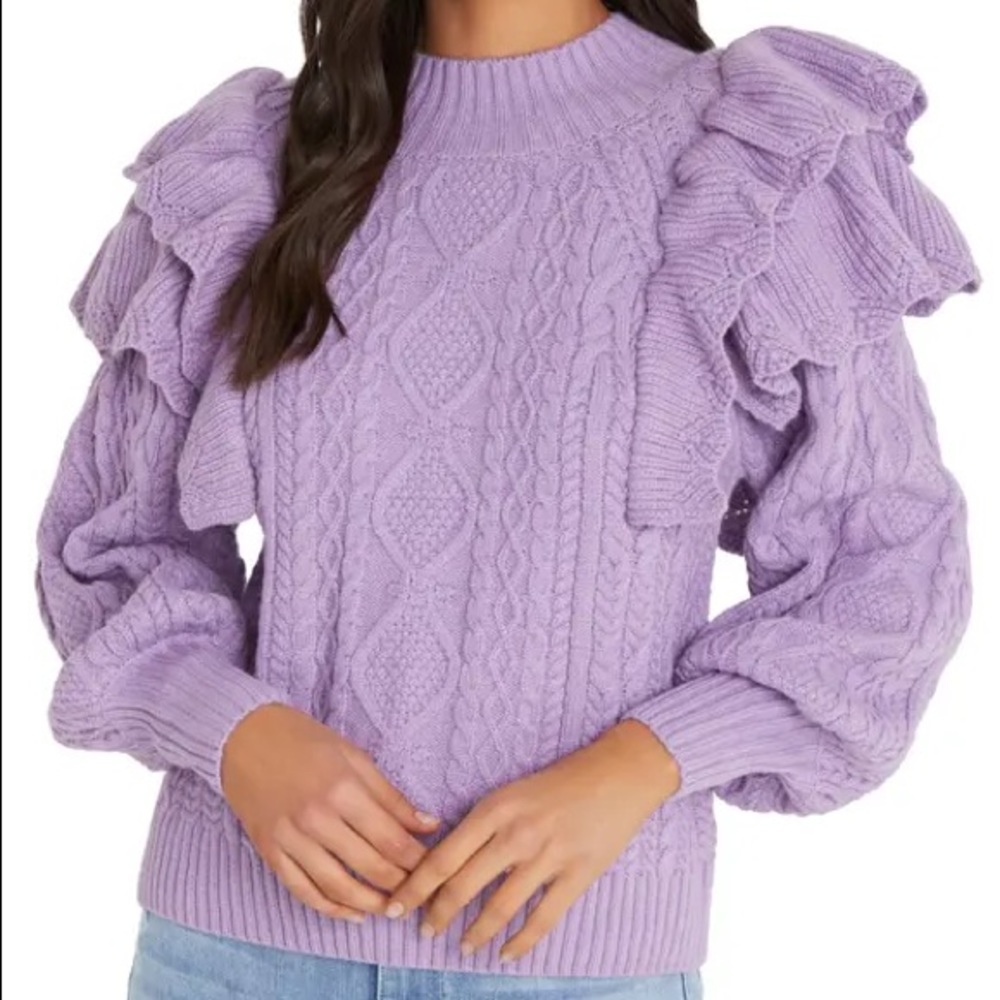 Vici Ruffle Shoulder Cable Knit Sweater In Lilac. Size M.